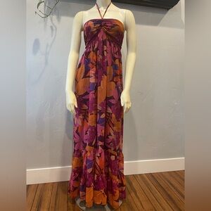 Elegant Floral Halter Maxi Dress - Purple and Orange